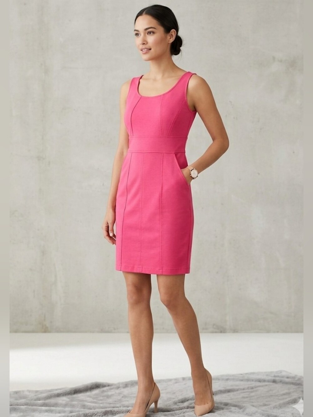 ANN TAYLOR Hot Pink Sleeveless Sheath Dress Pockets Scoop Neck Casual Work Sz 4